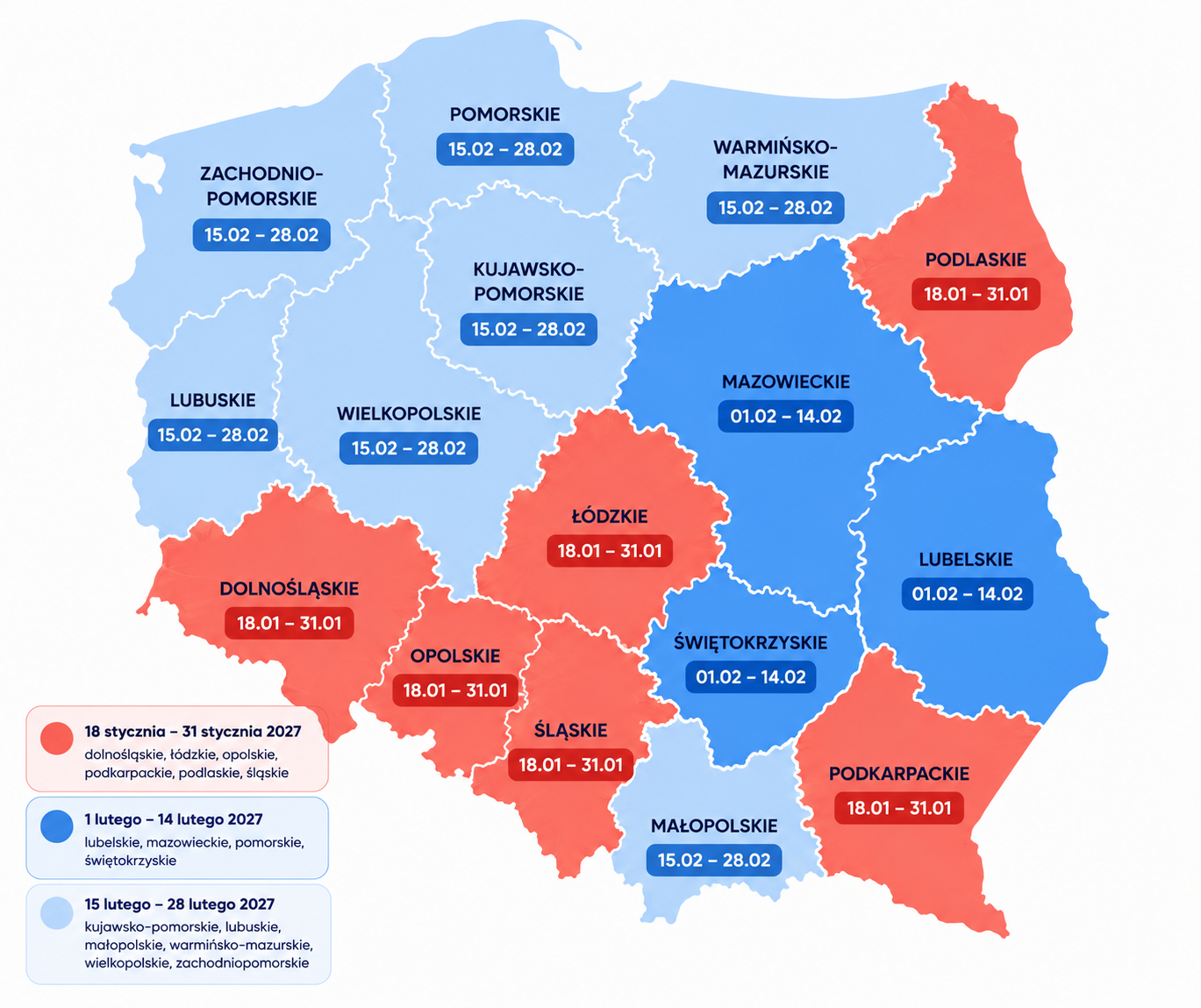 Mapa ferii zimowych 2027 w Polsce