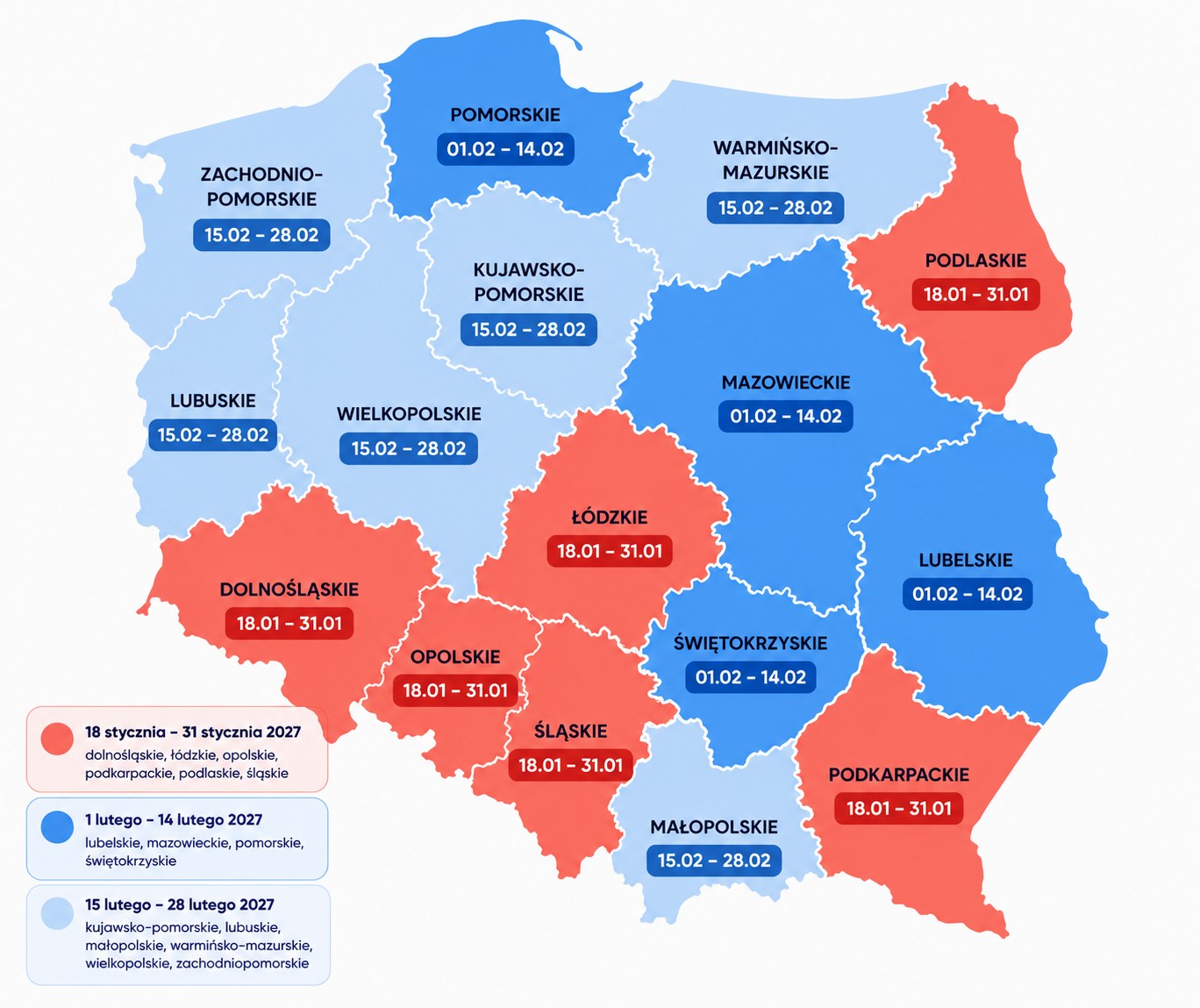 Mapa ferii zimowych 2027 w Polsce